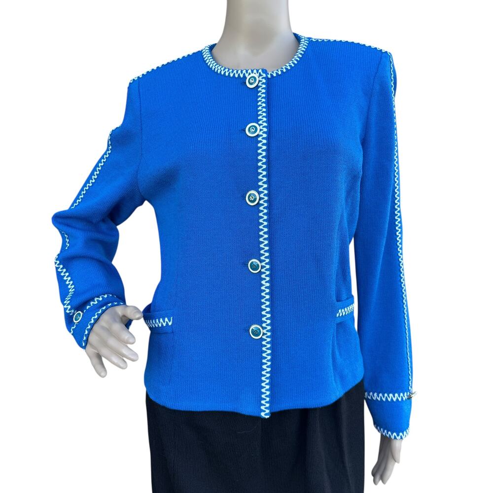 St. John 8 Santana Knit Jacket Cobalt Blue White Stitching Cardigan Blazer